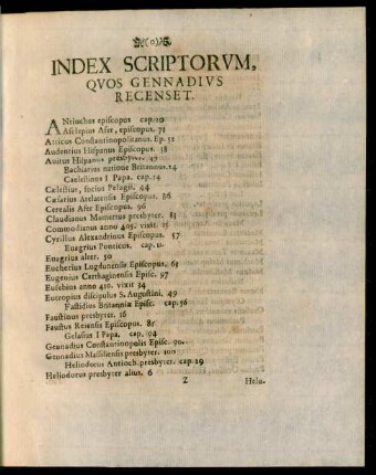 Index Scriptorum, Quos Gennadius Recendet
