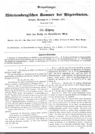 171. Sitzung, Stuttgart, 2.9.1852
