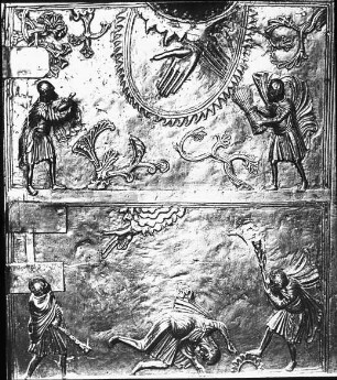 Hildesheim, Dom St. Maria, Bronzetür, sog. Bernwardstür, linker Flügel, 7. und 8. Feld v. o., Opfer Kains und Adels; Brudermord