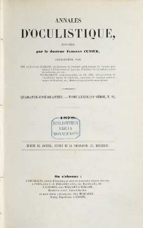 Annales d'oculistique. 79 = A. 41 = Sér. 11, T. 9. 1878