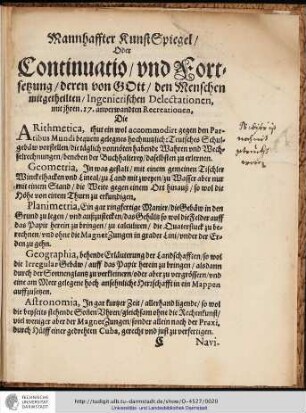 Mannhaffter KunstSpiegel/Oder Continuatio / vnd Fortsetzung/deren von GOtt / den Menschen mitgetheilten/Ingenierischen Delectationen, ...