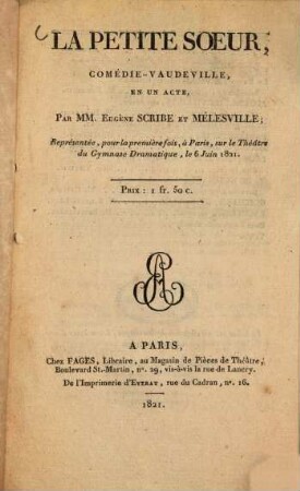 La petite soeur : Comédie-vaudeville en un acte