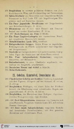 IX. Gobelins, Kunstmöbel, Bronzeluster etc. (Nr. 286-330)