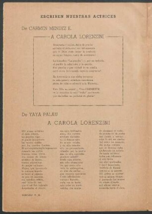 Escriben nuestras actrices : de Carmen Mendez E. a Carola Lorenzini - de Yaya Palau a Carola Lorenzini