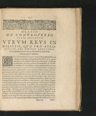 Oratio De Controverso Iuris Articulo: Utrum Reus In Delictis, Quae Pro Atrocitate, vel Poenam Sanguinis vel infamiam ...