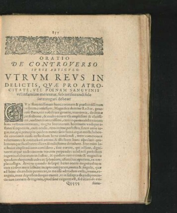 Oratio De Controverso Iuris Articulo: Utrum Reus In Delictis, Quae Pro Atrocitate, vel Poenam Sanguinis vel infamiam ...