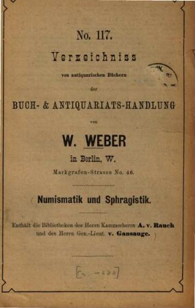 Verzeichnis antiquarischer Bücher. 117. [ca. 1878]