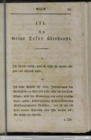III. An meine Leser überhaupt