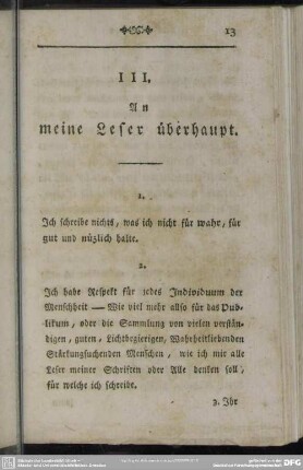III. An meine Leser überhaupt