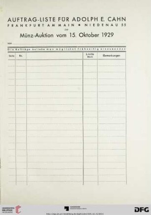 Auftrags-Liste für Adolph E. Cahn