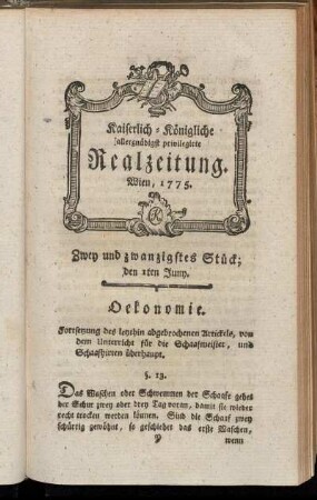 Zwey und zwanzigstes Stück; den 1ten Juny. Wien, 1775.