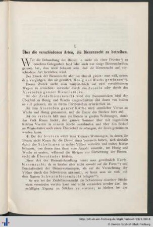 I. Über die verschiedenen Arten, die Bienenzucht zu betreiben.