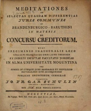 Meditationes Ad Selectas Quasdam Differentias Iuris Communis Et Brandenburgico-Baruthini In Materia De Concursu Creditorum