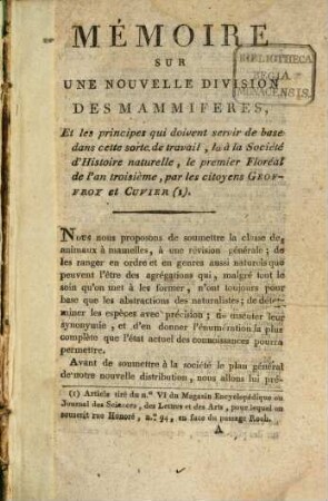 Mémoire sur une nouvelle division des mammifères