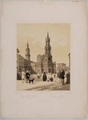 Die Katholische Hofkirche in Dresden, Blick von der Brühlschen Terrasse nach Südwesten, mit dem Residenzschloss, dem Georgenbau und dem 1. Bau der Semperoper