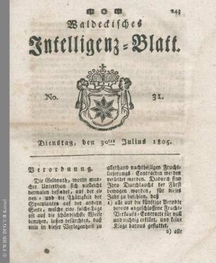 No. 31, Dienstag, den 30ten Julius 1805