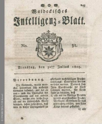 No. 31, Dienstag, den 30ten Julius 1805