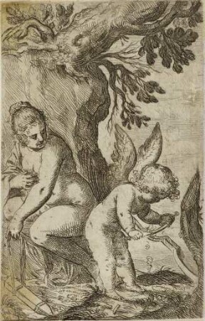 Venus beobachtet Amor, der einen Bogen schnitzt