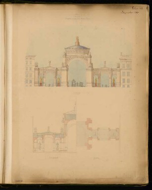 Siegestor auf dem Belle-Alliance-Platz (Hallesches Tor), Berlin-Kreuzberg Monatskonkurrenz Dezember 1871: Grundriss, Aufriss Vorderansicht, Längsschnitt; Maßstabsleiste