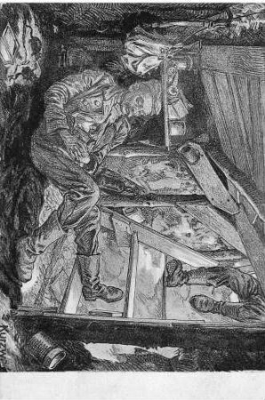 "Ein Schläfchen im Dachsbau", Zeichnung eines schlafenden Soldaten Feldpostkarte vom 11.05.1916 an Babette Müller, Ellerstadt, von ihrem Bruder Jakob Müller, Musketier, 2. Kompanie, Infanterie-Regiment 185, 58. Infanterie-Division