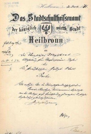 Städtischer Briefbogen mit Wappen "Das Stadtschultheißenamt der königlich württb. Stadt Heilbronn"