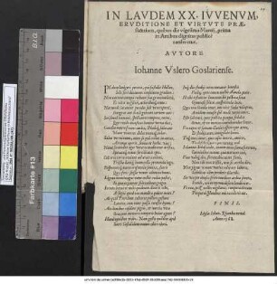 In Lavdem XX. Ivvenvm, Ervditione Et Virtvte Praestantium, quibus die vigesimo Martij, prima in Artibus dignitas publicè conferetur