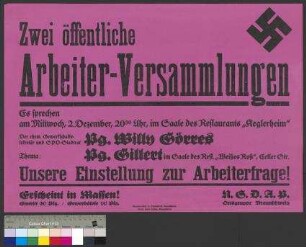 Plakat der NSDAP zu zwei öffentlichen Arbeiterversammlungen am 2. Dezember 1931 in Braunschweig
