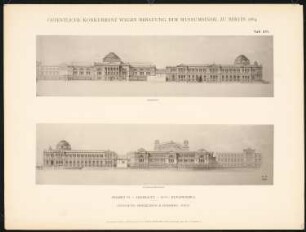 Wettbewerb Museumsinsel, Berlin: Projekt VI, Ansicht von der Spree, Ansicht vom Kupfergraben (aus: Concurrenzentwürfe wegen Bebauung d. Museumsinsel zu Berlin. Auswahl d. preisgekrönten u. besten Entwürfe, Berlin 1884)