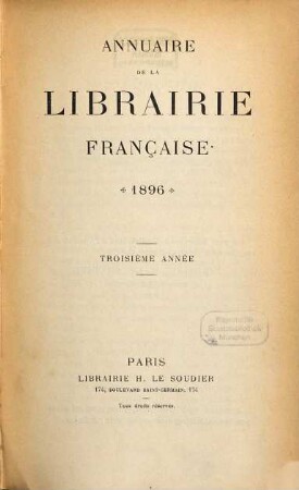 Annuaire de la Librairie française. 3. 1896