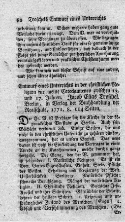 Entwurf eines Unterrichts in der christlichen Religion für meine Catechumenen zwischen 13 und 17 Jahren.