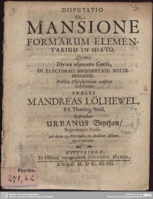 Disputatio De Mansione Formarum Elementarium In Mixto
