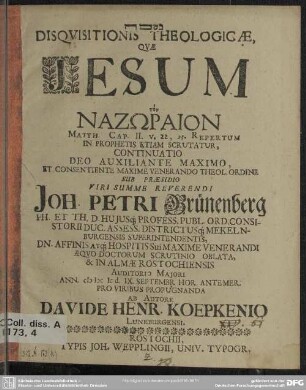 Disquisitio theologica quae Jesum tu Nazōraion : Matth. cap. II. v. 22. 23. repertum, in prophetis etiam scrutatur, continuatio
