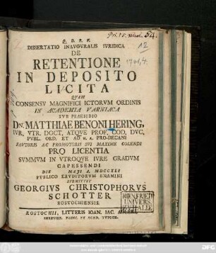 Dissertatio Inavgvralis Ivridica De Retentione In Deposito Licita