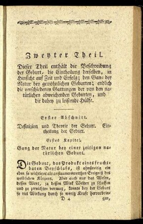 Erster Abschnitt. Definizion und Theorie der Geburt. Eintheilung der Geburt.