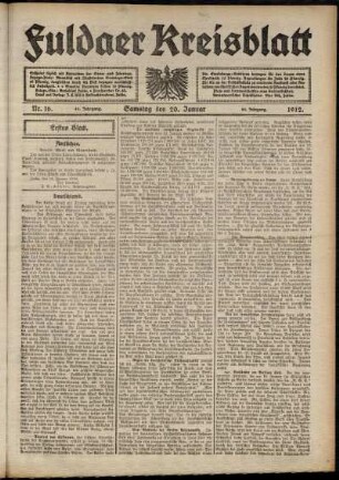 Erste Ausgabe vom Samstag, den 20. Januar 1912.