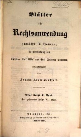 Blätter für Rechtsanwendung : zunächst in Bayern, 21. 1856