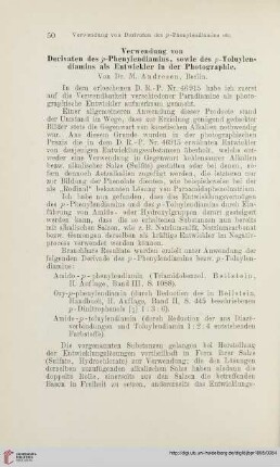 Verwendung von Derivaten des p-Phenylendiamins, sowie des p-Toluylendiamins als Entwickler in Photographien