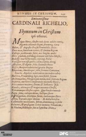Eminentissimo Cardinali Richelio, cum Hymnum in Christum ipsi offerret.