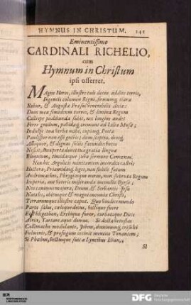 Eminentissimo Cardinali Richelio, cum Hymnum in Christum ipsi offerret.