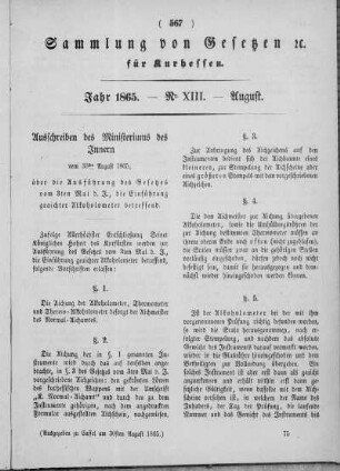 Sammlung von Gesetzen für Kurhessen. Jahr 1865. - Nr. XIII. August.
