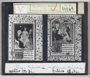 Vergleich: Besuch der Heiligen Drei Könige, li. franz. Miniatur, 14. Jhd., re. niederl. Miniatur, frühes 15. Jhd.
