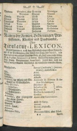Namen der Aemter, Bedienungen, Professionen, Künstler und Handwerker, Oder Titulatur-Lexicon