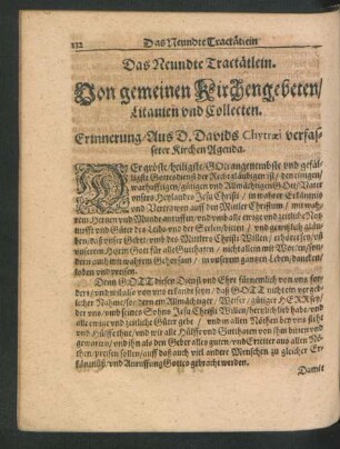 Das Neundte Tractätlein. Von gemeinen Kirchengebeten/ Litanien und Collecten.