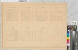 [Entwurf eines Gebäudes.] Schnitte, Grundrisse, Konstruktion der Dachbalken, Ansichten z.T. kolorierte Probezeichnungen des Maurers Josef Reuters aus Aachen