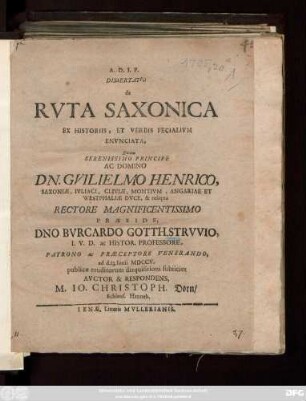 Dissertatio de Rvta Saxonica Ex Historiis, Et Verbis Fecialivm Envnciata