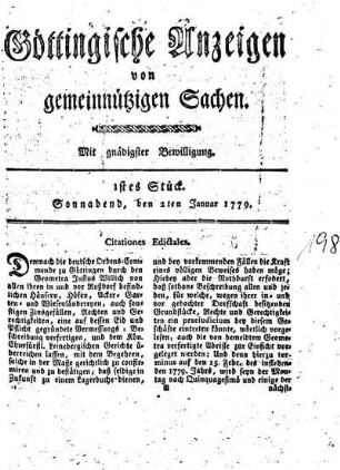 1stes Stück. Sonnabend, den 2ten Januar 1779.