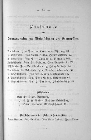 Personale des Frauenvereins zur Unterstützung der Armenpflege.