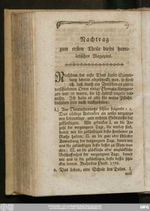 Nachtrag zum ersten Theile dieses homiletischen Magazins.