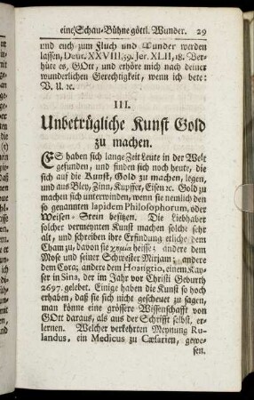 III. Unbetrügliche Kunst Gold zu machen. - IV. Das eheliche Ja-Wort.