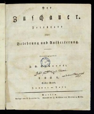1821,1-2=Nr.1-156: Der Zuschauer : Zeitblatt für Belehrung und Aufheiterung